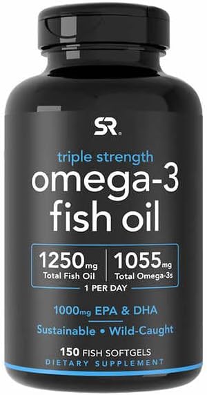Sports Research Triple Strength Omega 3 Fish Oil - Burpless Fish Oil Supplement w/EPA & DHA Fatty Acids from Wild Caught Fish - Heart, Brain & Immune Support for Men & Women - 1250 mg, 150 ct - Maple Wellness Supplements
