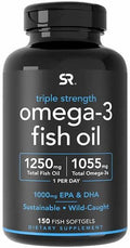 Sports Research Triple Strength Omega 3 Fish Oil - Burpless Fish Oil Supplement w/EPA & DHA Fatty Acids from Wild Caught Fish - Heart, Brain & Immune Support for Men & Women - 1250 mg, 150 ct - Maple Wellness Supplements