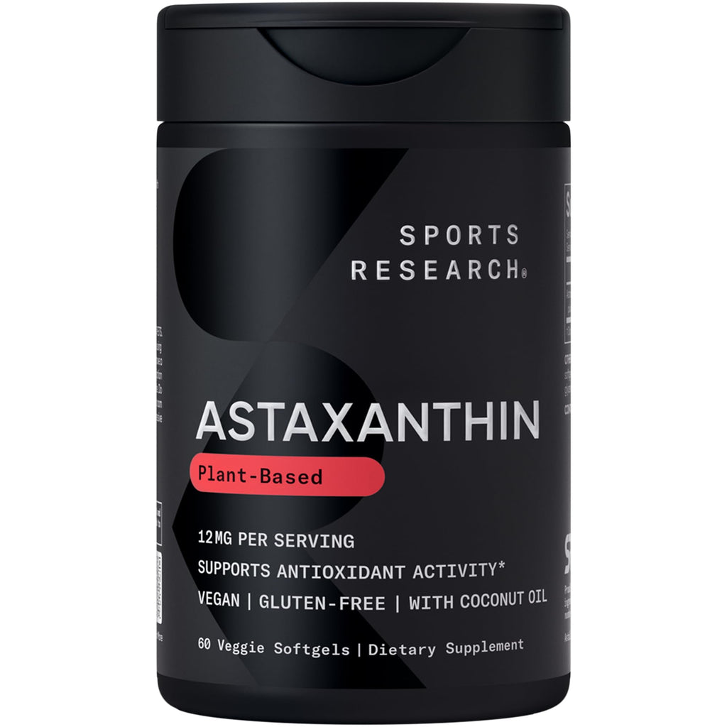 Sports Research Triple Strength Vegan Astaxanthin Supplement from Algae - Plant Based Softgels for Antioxidant Activity, Skin & Eye Health - Non-GMO Verified, Made with Coconut Oil - 12mg, 60 Count - Maple Wellness Supplements