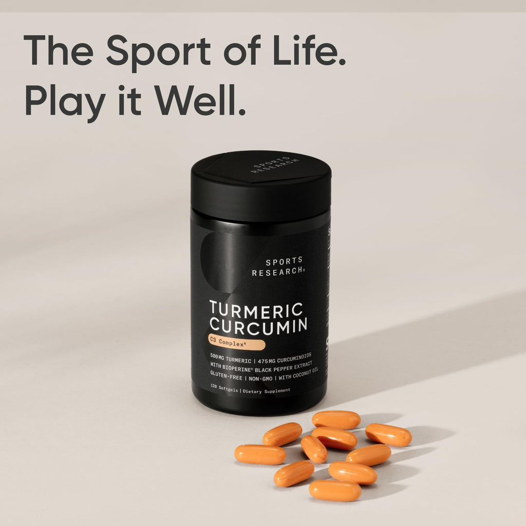 Sports Research® Turmeric Curcumin C3 Complex® w/BioPerine Black Pepper Extract & Organic Coconut Oil - Standardized 95% Curcuminoids · Non-GMO · Gluten Free - 120 Count Softgels - Maple Wellness Supplements