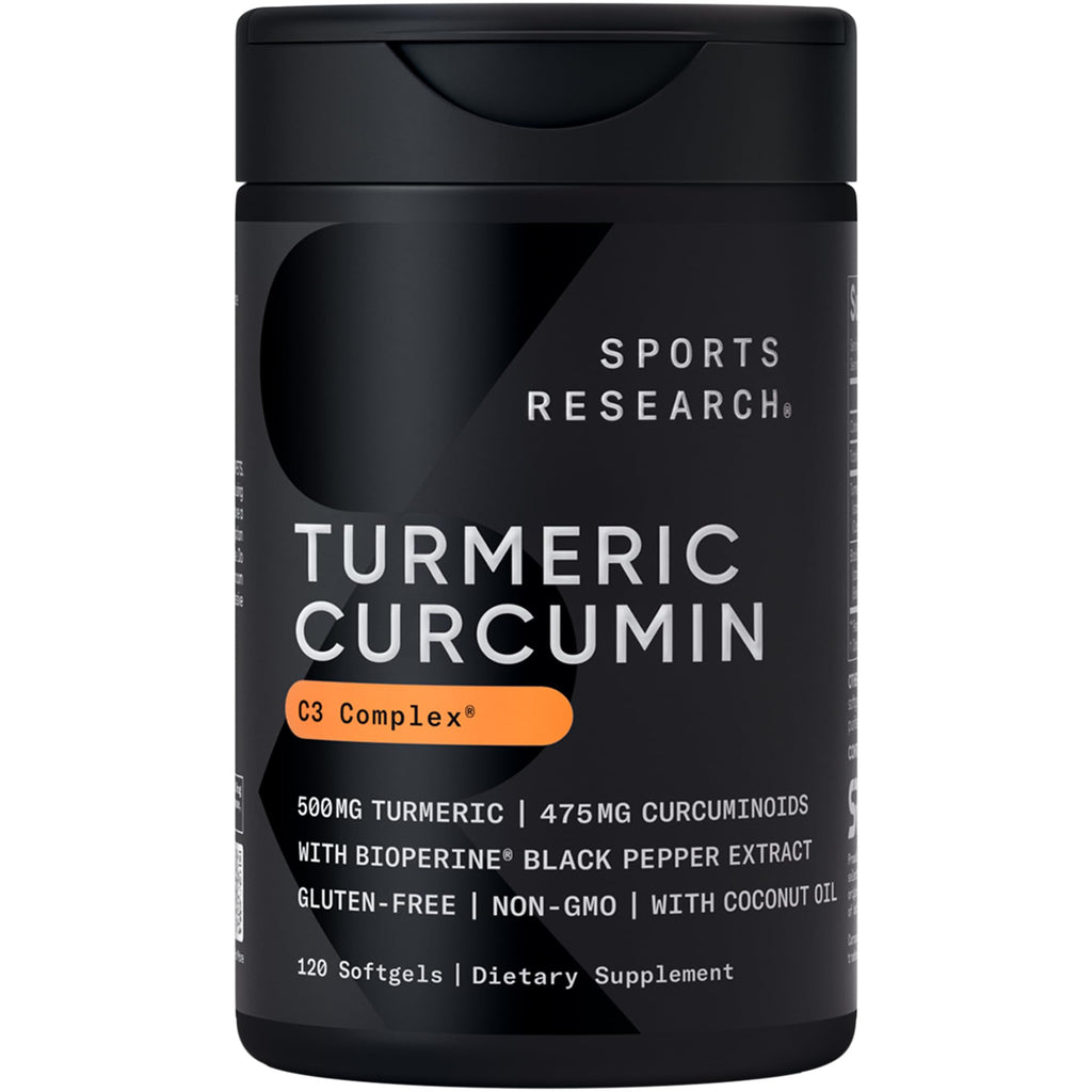 Sports Research® Turmeric Curcumin C3 Complex® w/BioPerine Black Pepper Extract & Organic Coconut Oil - Standardized 95% Curcuminoids · Non-GMO · Gluten Free - 120 Count Softgels - Maple Wellness Supplements