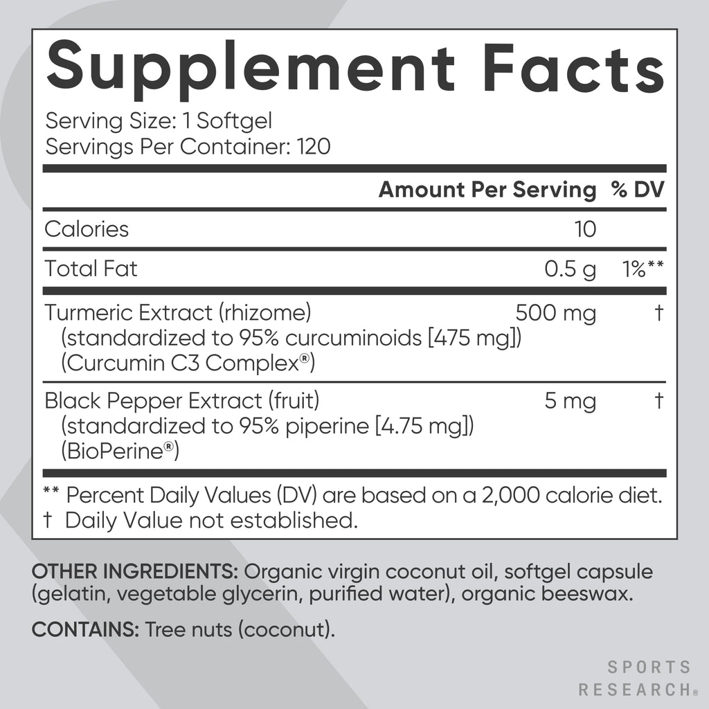 Sports Research® Turmeric Curcumin C3 Complex® w/BioPerine Black Pepper Extract & Organic Coconut Oil - Standardized 95% Curcuminoids · Non-GMO · Gluten Free - 120 Count Softgels - Maple Wellness Supplements