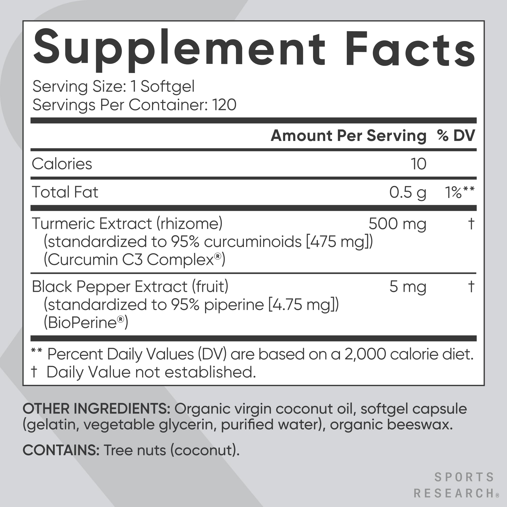 Sports Research® Turmeric Curcumin C3 Complex® w/BioPerine Black Pepper Extract & Organic Coconut Oil - Standardized 95% Curcuminoids · Non-GMO · Gluten Free - 120 Count Softgels - Maple Wellness Supplements