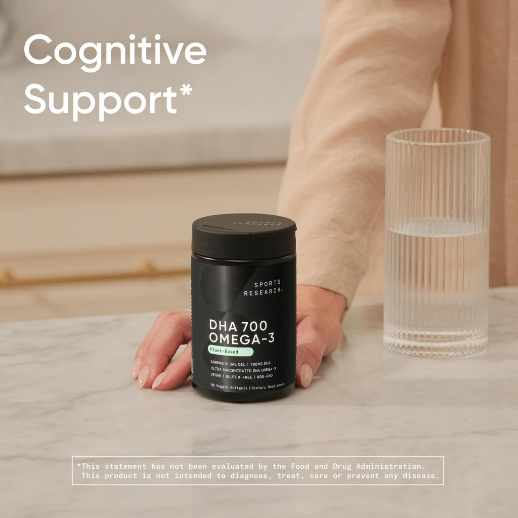 Sports Research® Vegan DHA 700mg - Cognitive Support, Brain Support, Supplement with Omega-3 DHA from Algae Oil - Vegan Certified · Non-GMO · Gluten Free - 90 Count Softgels - Maple Wellness Supplements