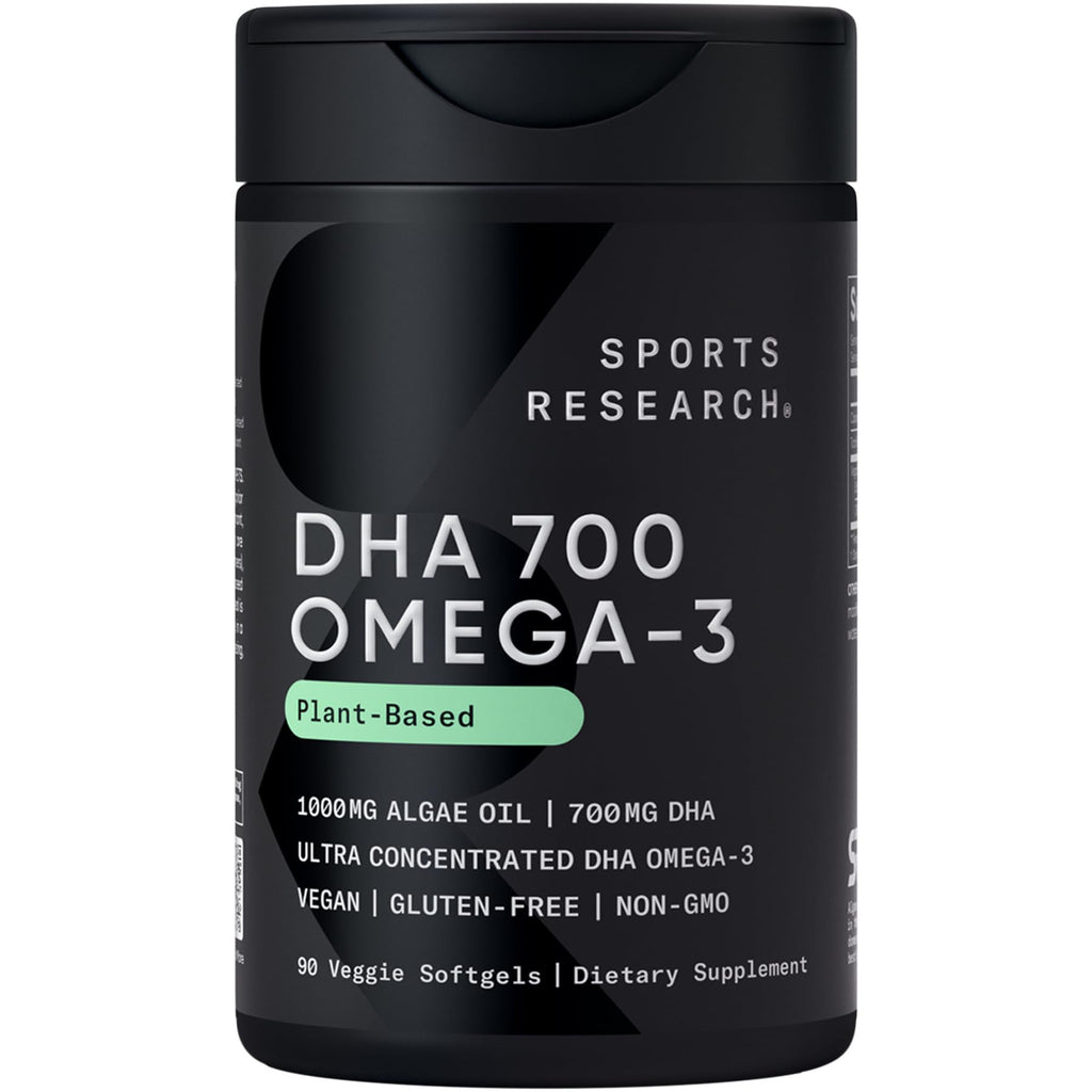 Sports Research® Vegan DHA 700mg - Cognitive Support, Brain Support, Supplement with Omega-3 DHA from Algae Oil - Vegan Certified · Non-GMO · Gluten Free - 90 Count Softgels - Maple Wellness Supplements