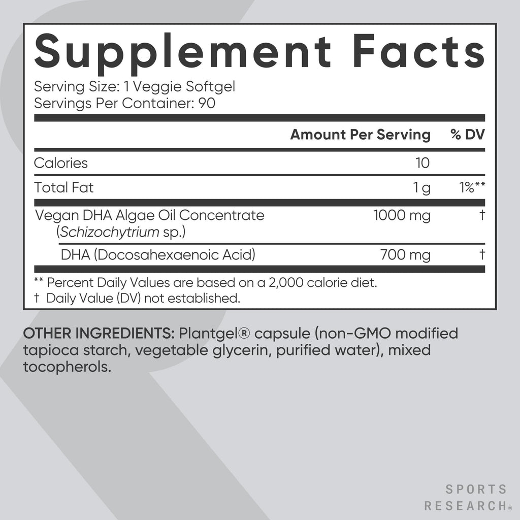 Sports Research® Vegan DHA 700mg - Cognitive Support, Brain Support, Supplement with Omega-3 DHA from Algae Oil - Vegan Certified · Non-GMO · Gluten Free - 90 Count Softgels - Maple Wellness Supplements