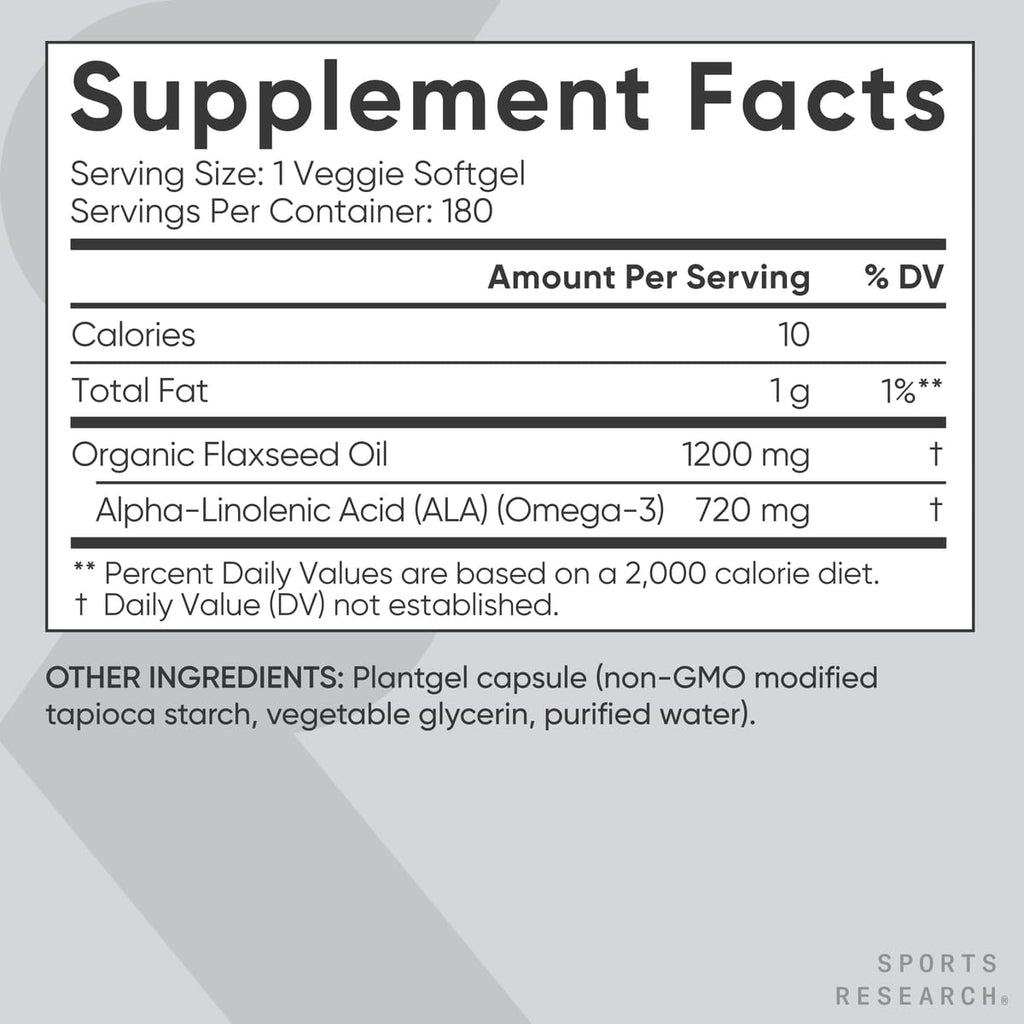 Sports Research® Vegan Flaxseed Oil (1200mg) Herbal Supplement with Plant-Based ALA Omega 3 - Vegan Certified & Non-GMO Verified - Gluten, Soy & Carrageenan Free (180 Veggie Softgels) - Maple Wellness Supplements