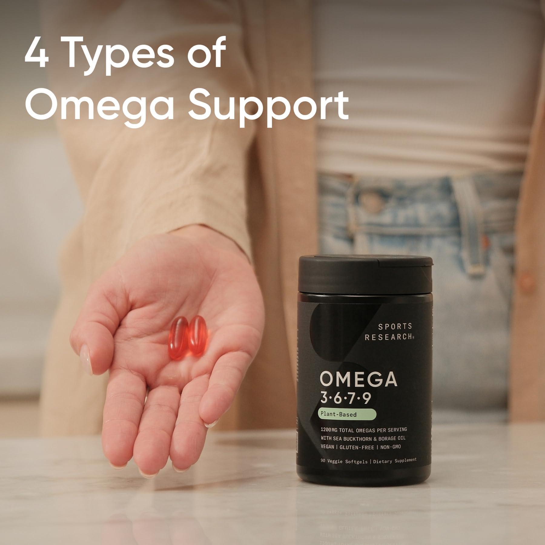 Sports Research® Vegan Omega 3-6-7-9 - 1200 mg of Multi-Spectrum Omega Fatty Acids Certified Non-GMO Formula with Sea Buckthorn & Borage Oil - 90 Veggie Softgels - Maple Wellness Supplements