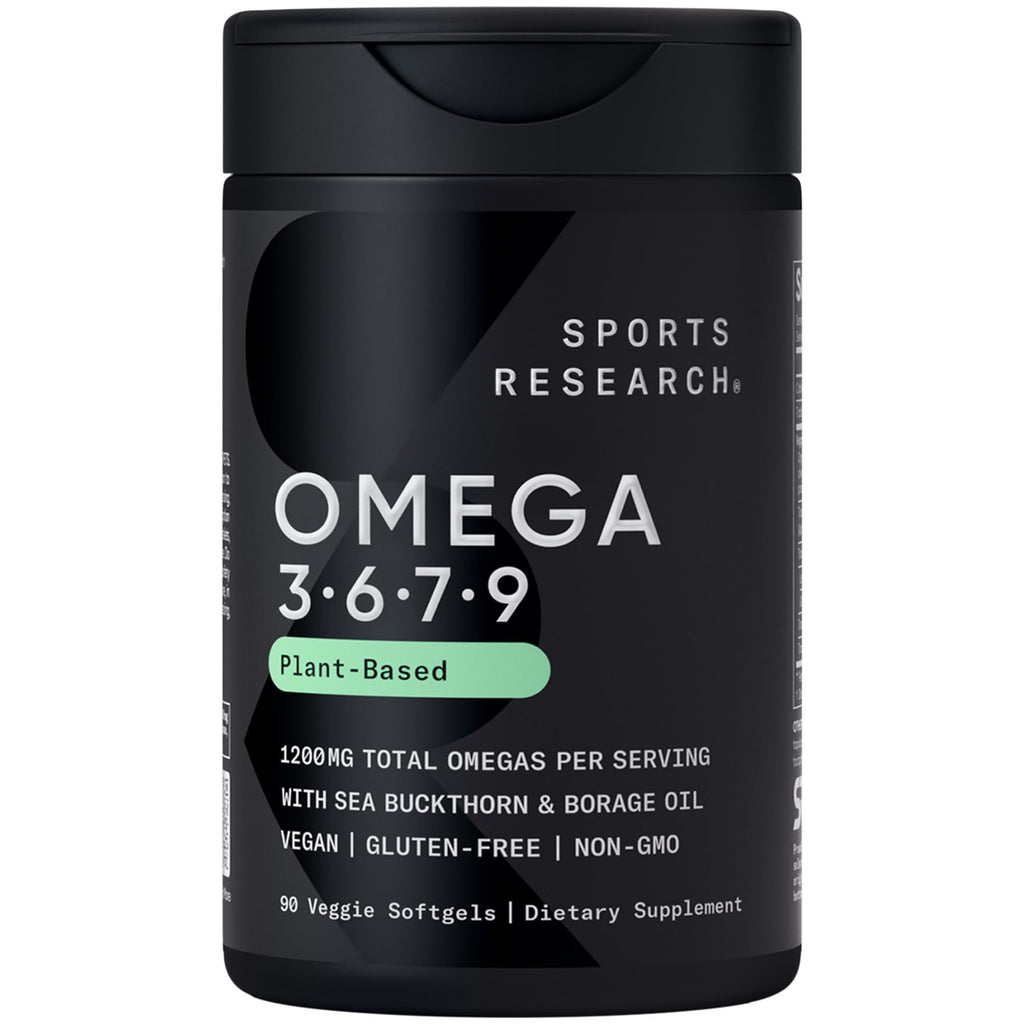 Sports Research® Vegan Omega 3-6-7-9 - 1200 mg of Multi-Spectrum Omega Fatty Acids Certified Non-GMO Formula with Sea Buckthorn & Borage Oil - 90 Veggie Softgels - Maple Wellness Supplements