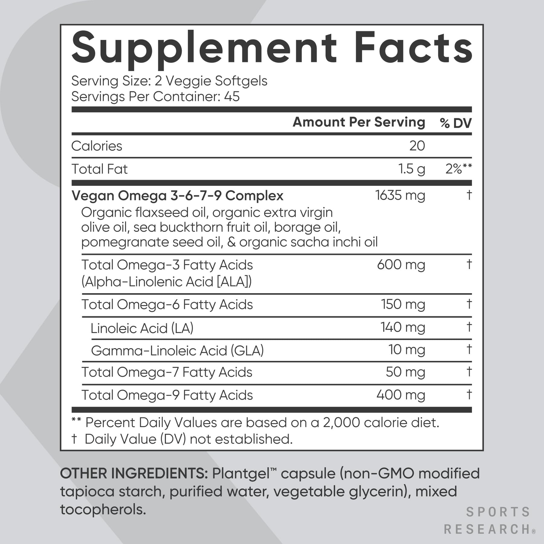 Sports Research® Vegan Omega 3-6-7-9 - 1200 mg of Multi-Spectrum Omega Fatty Acids Certified Non-GMO Formula with Sea Buckthorn & Borage Oil - 90 Veggie Softgels - Maple Wellness Supplements