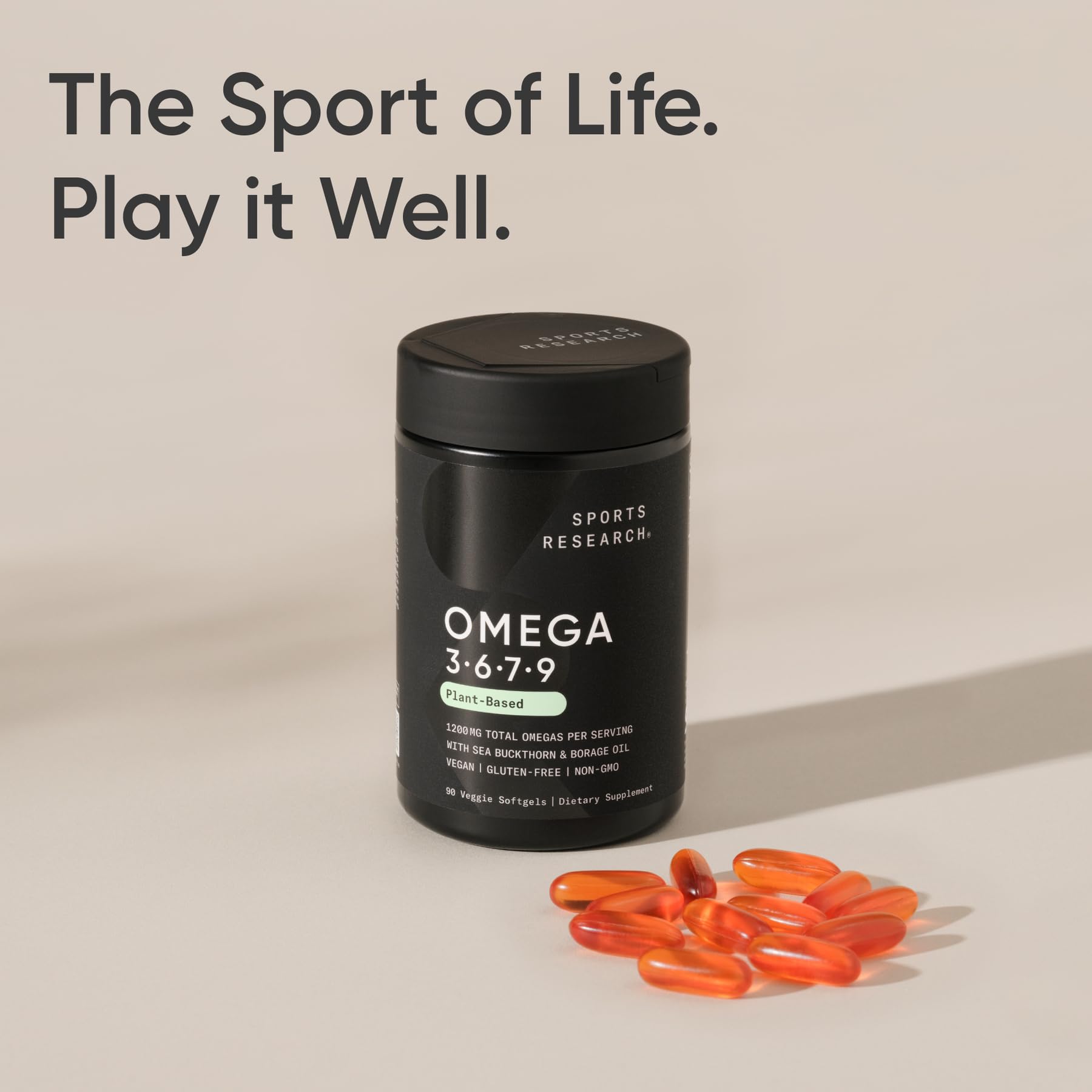 Sports Research® Vegan Omega 3-6-7-9 - 1200 mg of Multi-Spectrum Omega Fatty Acids Certified Non-GMO Formula with Sea Buckthorn & Borage Oil - 90 Veggie Softgels - Maple Wellness Supplements