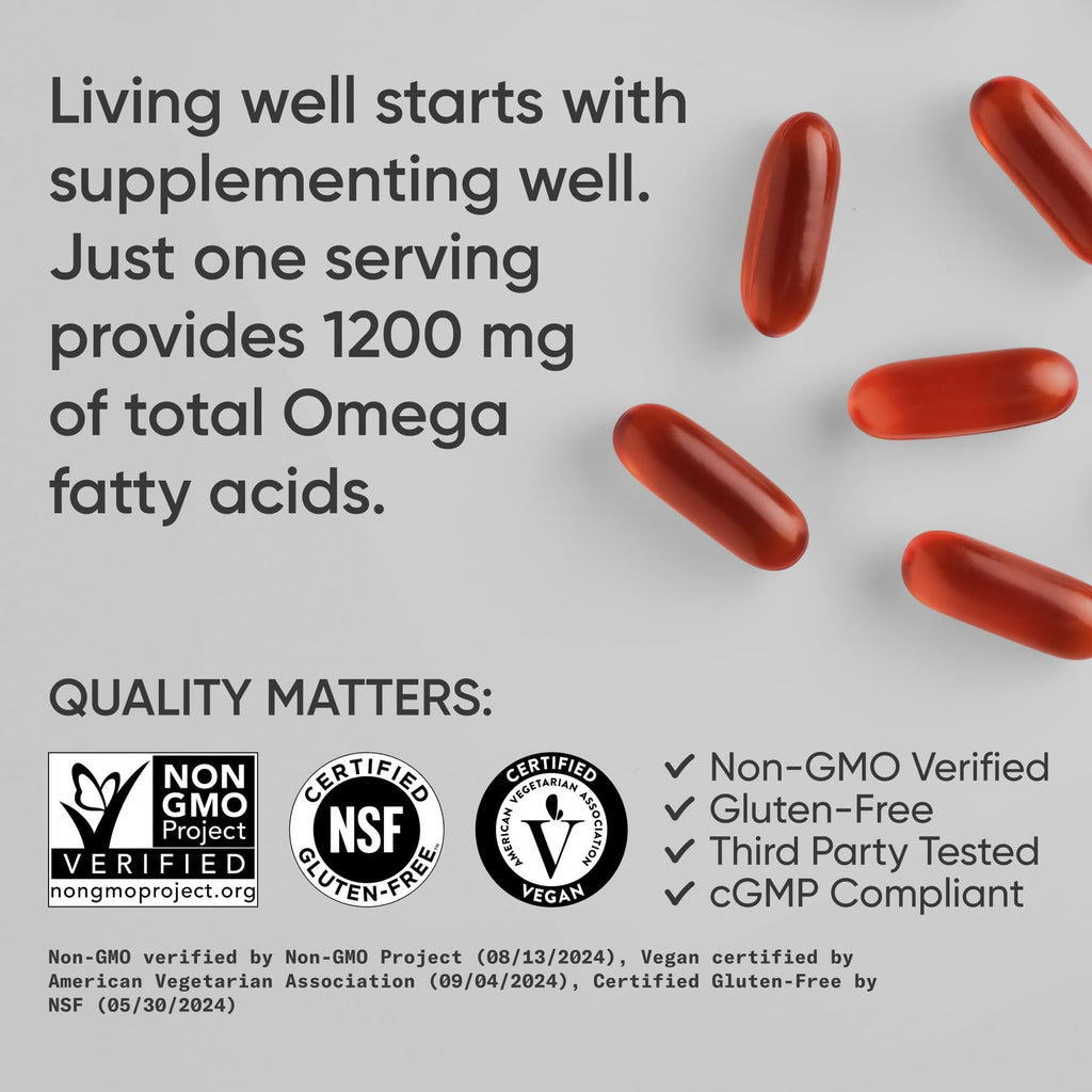 Sports Research® Vegan Omega 3-6-7-9 - 1200 mg of Multi-Spectrum Omega Fatty Acids Certified Non-GMO Formula with Sea Buckthorn & Borage Oil - 90 Veggie Softgels - Maple Wellness Supplements