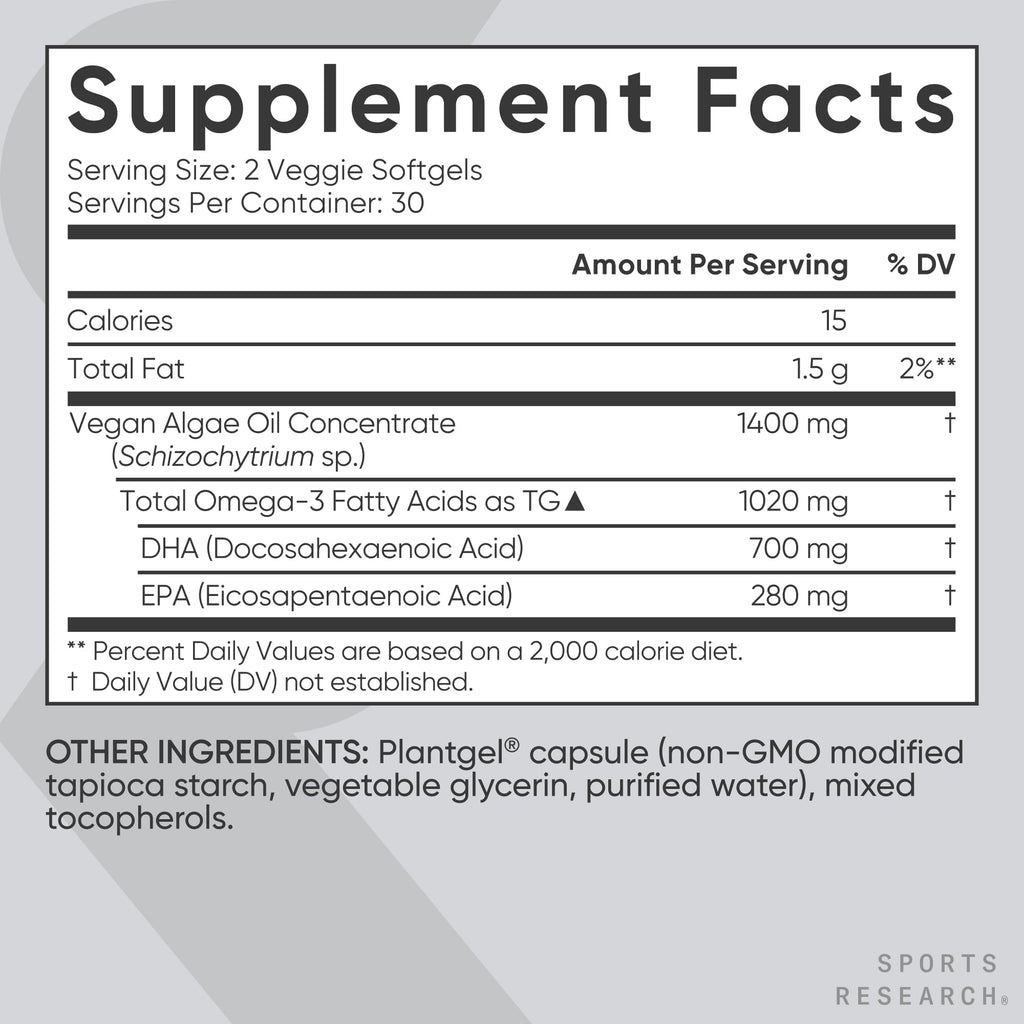 Sports Research Vegan Omega-3 Fish Oil Alternative from Algae Oil - Highest Levels of Vegan DHA & EPA Fatty Acids | Non-GMO Tested & Vegan Certified - 60 Veggie Softgels (Carrageenan Free) - Maple Wellness Supplements