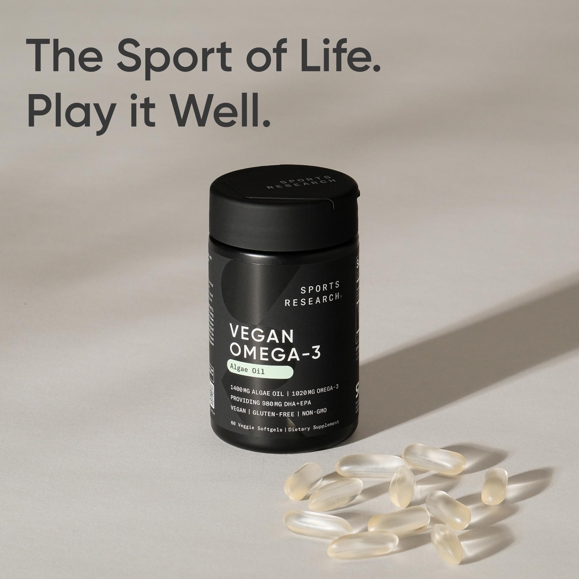Sports Research Vegan Omega-3 Fish Oil Alternative from Algae Oil - Highest Levels of Vegan DHA & EPA Fatty Acids | Non-GMO Tested & Vegan Certified - 60 Veggie Softgels (Carrageenan Free) - Maple Wellness Supplements