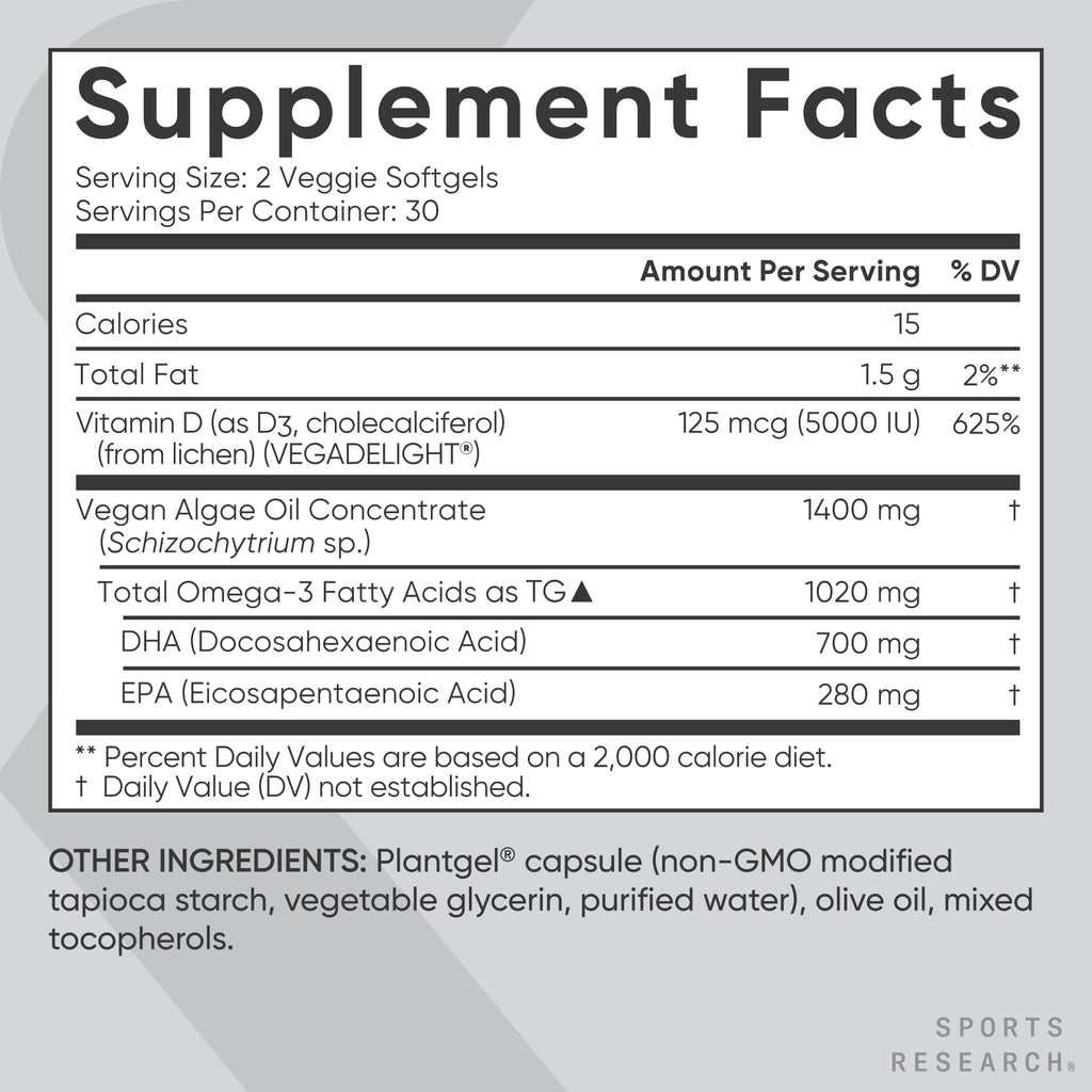 Sports Research Vegan Omega-3 with Vitamin D3 Softgels - 1020mg Omega-3 & 5000iu D3 Supplement - Fish Oil Alternative with Vitamin D Plant-Based Support from Algae Oil - 60 Veggie Softgels for Adults - Maple Wellness Supplements