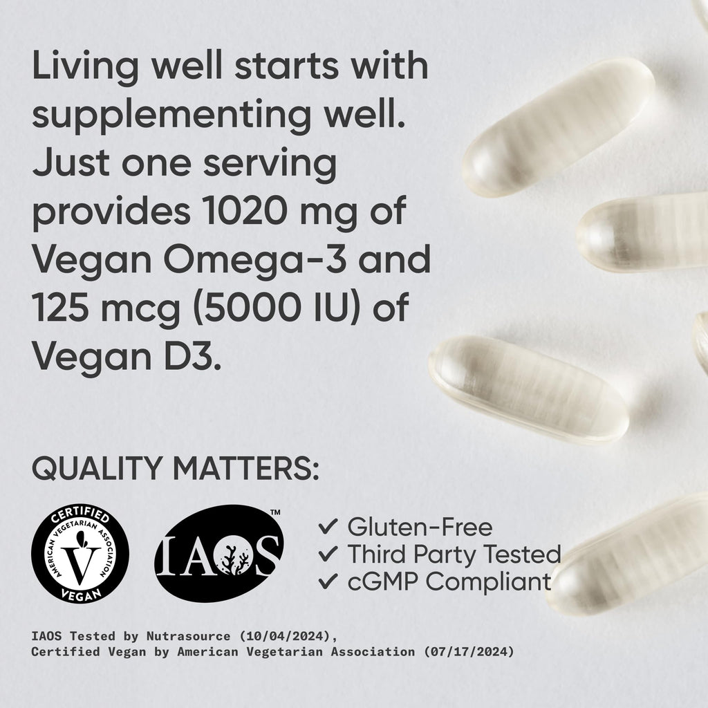 Sports Research Vegan Omega-3 with Vitamin D3 Softgels - 1020mg Omega-3 & 5000iu D3 Supplement - Fish Oil Alternative with Vitamin D Plant-Based Support from Algae Oil - 60 Veggie Softgels for Adults - Maple Wellness Supplements