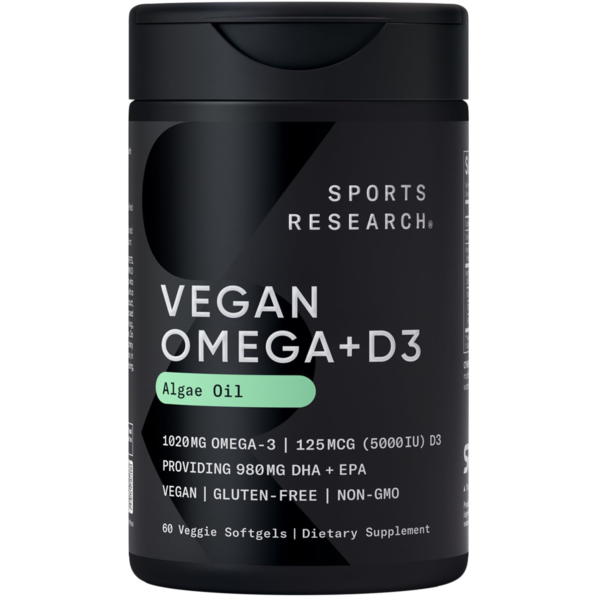 Sports Research Vegan Omega-3 with Vitamin D3 Softgels - 1020mg Omega-3 & 5000iu D3 Supplement - Fish Oil Alternative with Vitamin D Plant-Based Support from Algae Oil - 60 Veggie Softgels for Adults - Maple Wellness Supplements