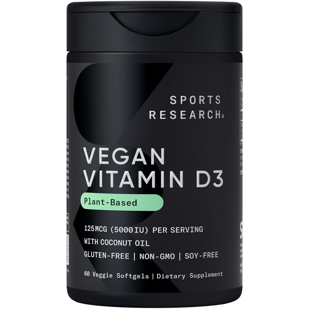 Sports Research Vegan Vitamin D3 5000IU (125 mcg) with Coconut Oil | 100% Plant-Based Vitamin D for Bone, Joint & Immune Support | Carrageenan Free, Vegan Certified & Non-GMO Verified (60 Softgels) - Maple Wellness Supplements