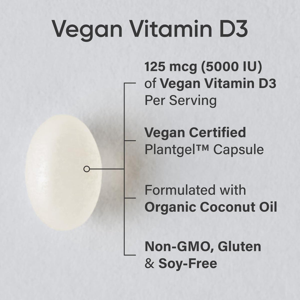 Sports Research Vegan Vitamin D3 5000IU (125 mcg) with Coconut Oil | 100% Plant-Based Vitamin D for Bone, Joint & Immune Support | Carrageenan Free, Vegan Certified & Non-GMO Verified (60 Softgels) - Maple Wellness Supplements