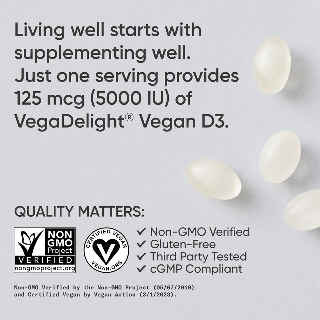 Sports Research Vegan Vitamin D3 5000IU (125 mcg) with Coconut Oil | 100% Plant-Based Vitamin D for Bone, Joint & Immune Support | Carrageenan Free, Vegan Certified & Non-GMO Verified (60 Softgels) - Maple Wellness Supplements