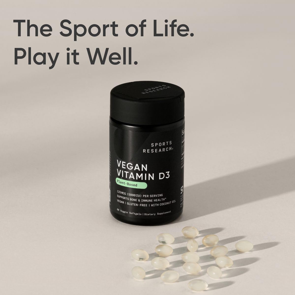 Sports Research Vegan Vitamin D3 5000IU (125 mcg) with Coconut Oil | 100% Plant-Based Vitamin D for Bone, Joint & Immune Support | Carrageenan Free, Vegan Certified & Non-GMO Verified (60 Softgels) - Maple Wellness Supplements