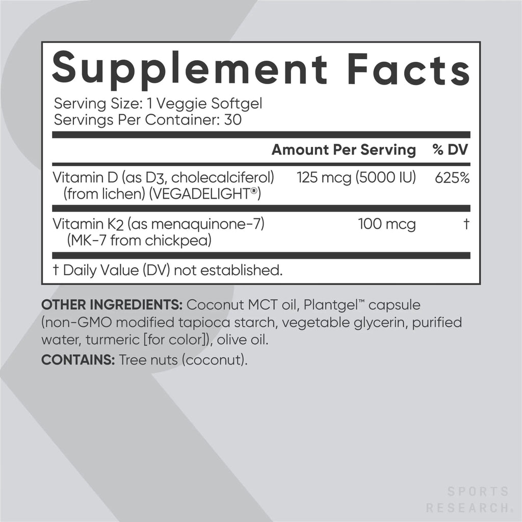 Sports Research Vegan Vitamin D3 + K2 Supplement with Organic Coconut Oil - 5000iu - TrustMedUSA