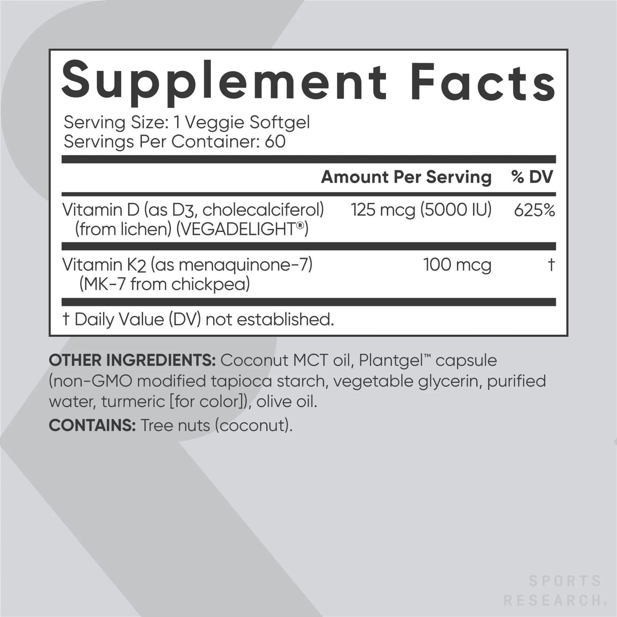 Sports Research Vegan Vitamin D3 + K2 Supplement with Organic Coconut Oil - 5000iu - TrustMedUSA