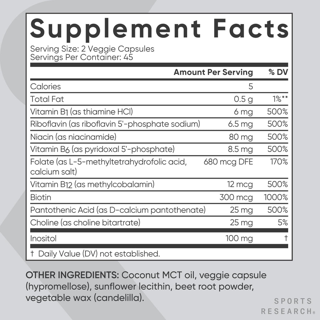Sports Research Vitamin B-Complex - Full Spectrum of B Vitamins - 90 Liquid Veggie Capsules - Maple Wellness Supplements