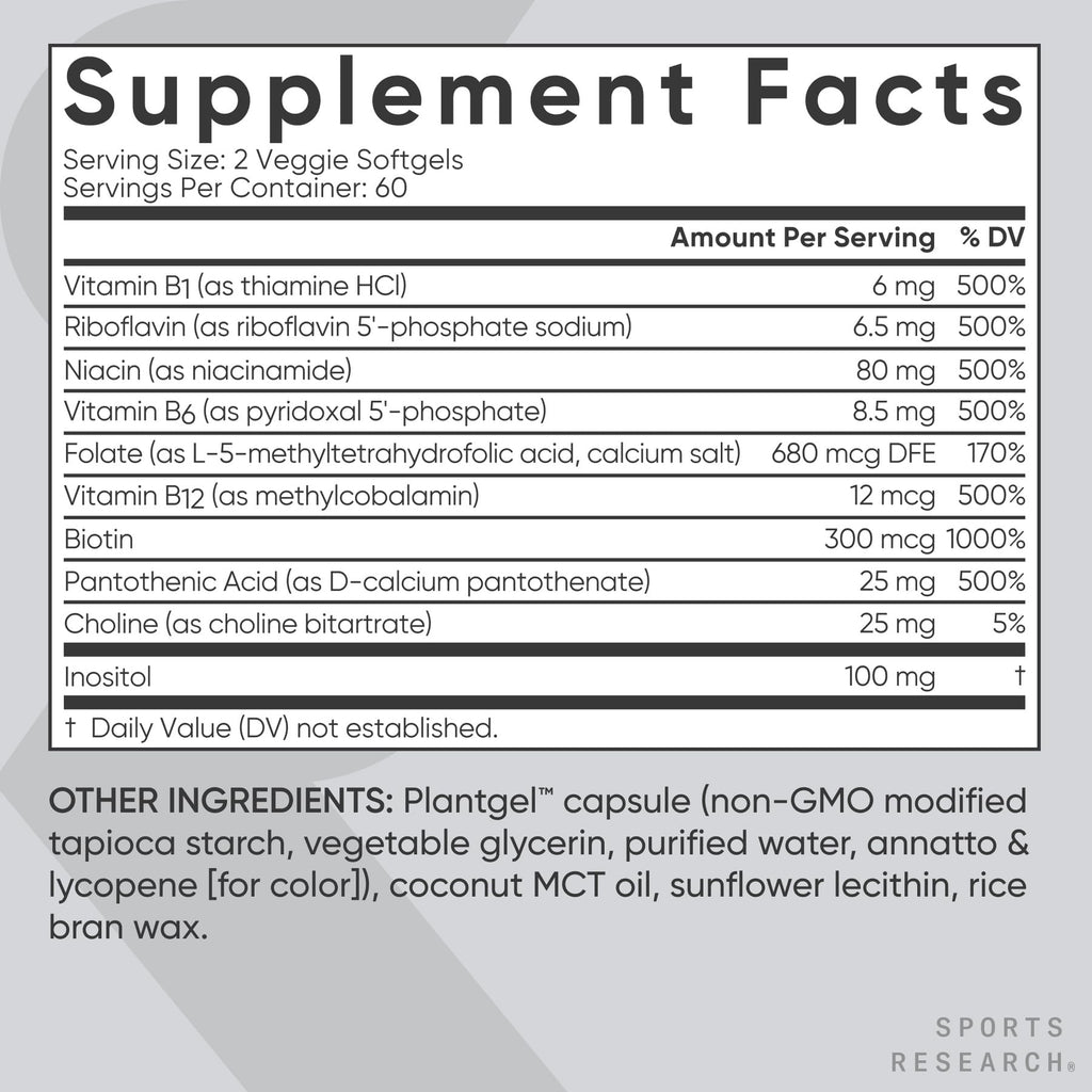 Sports Research® Vitamin B-Complex - Full Spectrum of B Vitamins with Methylated B12 & Folate - Gluten Free · Plant-Based · Non-GMO · Vegan-Friendly Formula - 120 Veggie Softgels - Maple Wellness Supplements