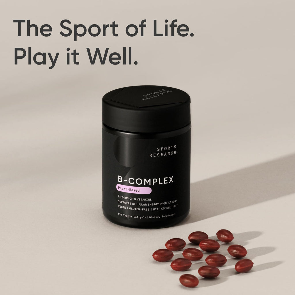 Sports Research® Vitamin B-Complex - Full Spectrum of B Vitamins with Methylated B12 & Folate - Gluten Free · Plant-Based · Non-GMO · Vegan-Friendly Formula - 120 Veggie Softgels - Maple Wellness Supplements