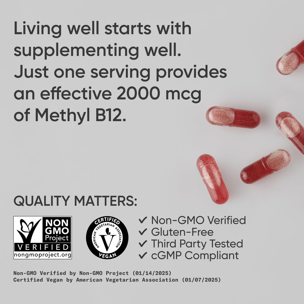 Sports Research® Vitamin B12 as Methylcobalamin 2000mcg - Plant Based B12 w/Coconut MCT Oil for Energy Metabolism Support - Vegan Certified · Non-GMO · Gluten Free - 120 Liquid Caps - Maple Wellness Supplements