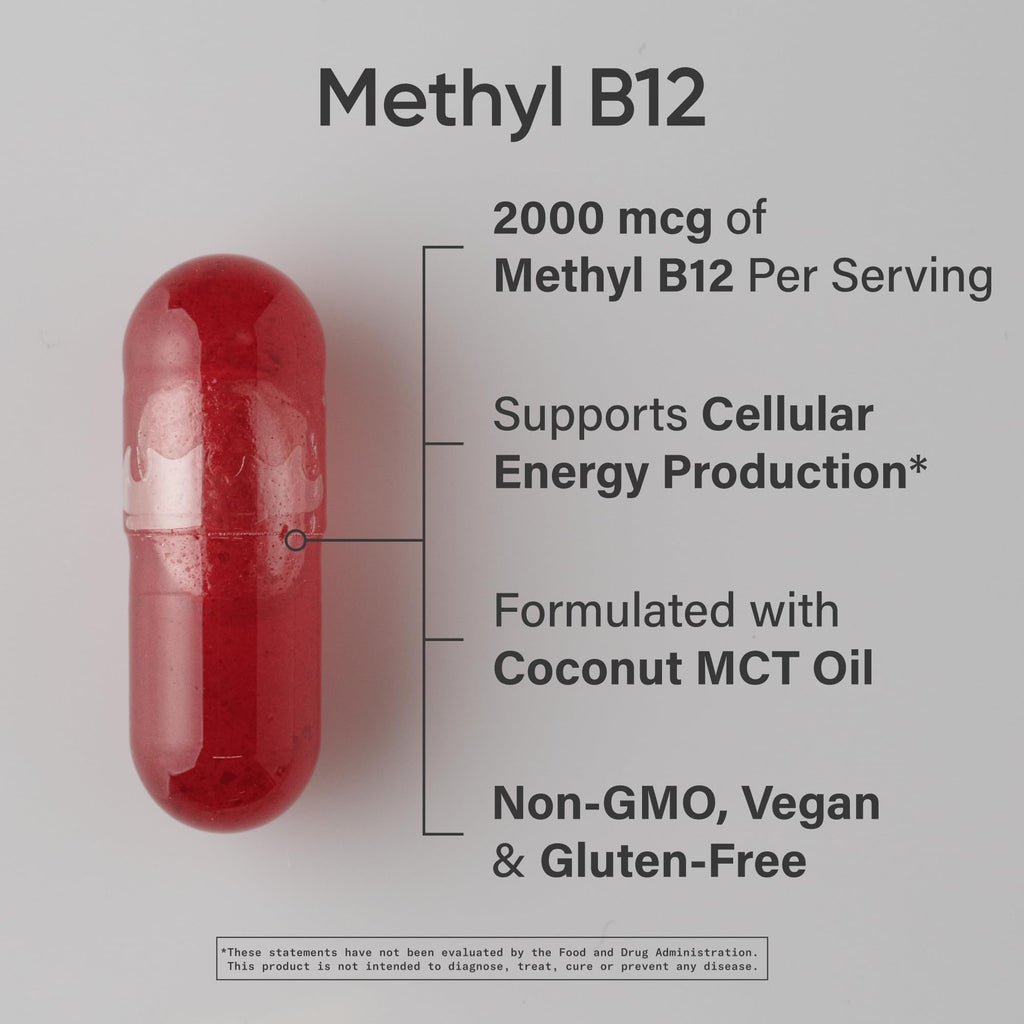 Sports Research® Vitamin B12 as Methylcobalamin 2000mcg - Plant Based B12 w/Coconut MCT Oil for Energy Metabolism Support - Vegan Certified · Non-GMO · Gluten Free - 120 Liquid Caps - Maple Wellness Supplements