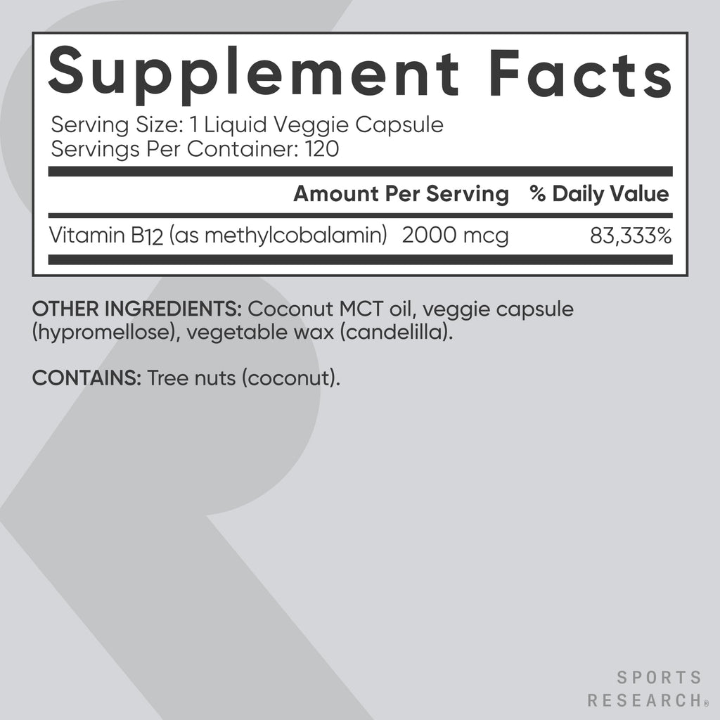 Sports Research® Vitamin B12 as Methylcobalamin 2000mcg - Plant Based B12 w/Coconut MCT Oil for Energy Metabolism Support - Vegan Certified · Non-GMO · Gluten Free - 120 Liquid Caps - Maple Wellness Supplements