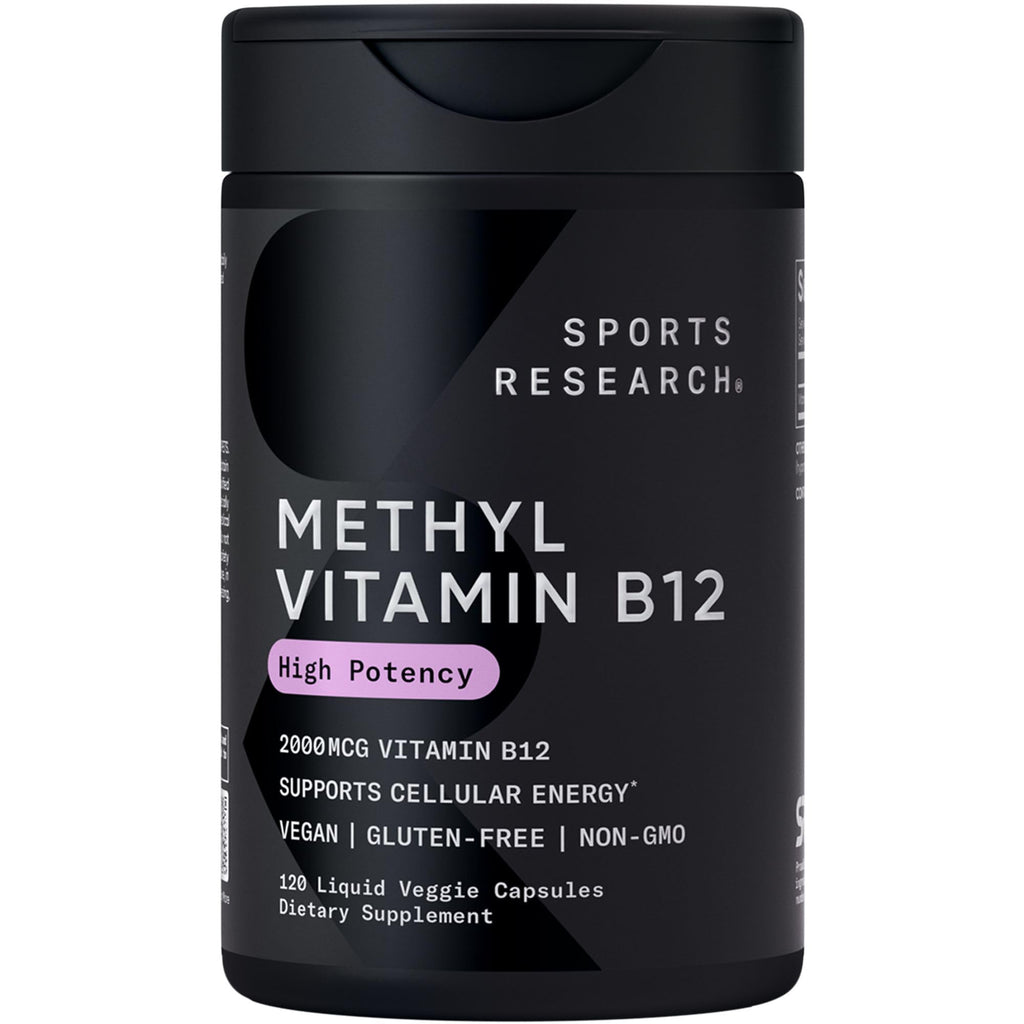 Sports Research® Vitamin B12 as Methylcobalamin 2000mcg - Plant Based B12 w/Coconut MCT Oil for Energy Metabolism Support - Vegan Certified · Non-GMO · Gluten Free - 120 Liquid Caps - Maple Wellness Supplements