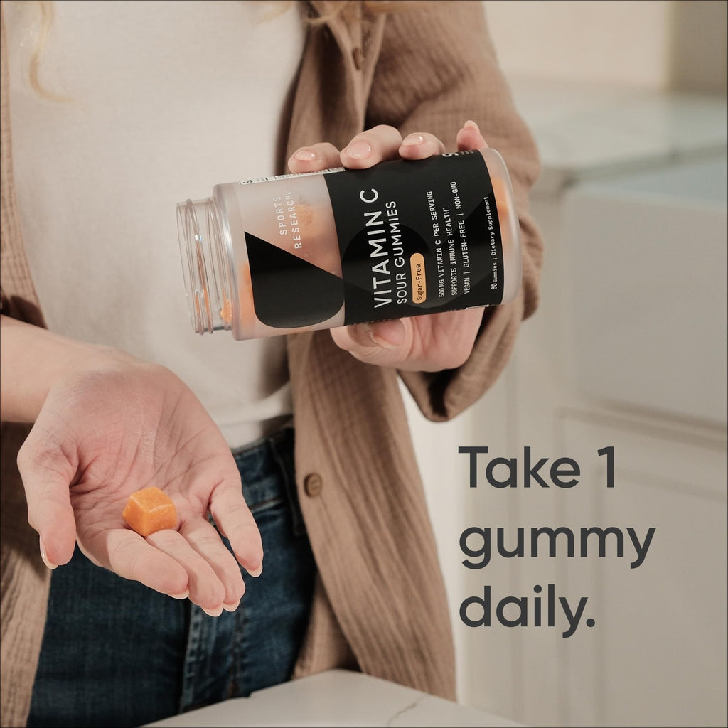 Sports Research­® Vitamin C Gummies | 500 mg Vitamin C | Sugar Free, Gelatin Free, Vegan Certified & Non-GMO Tested | Immune & Antioxidant Support 60 Gummies - Maple Wellness Supplements