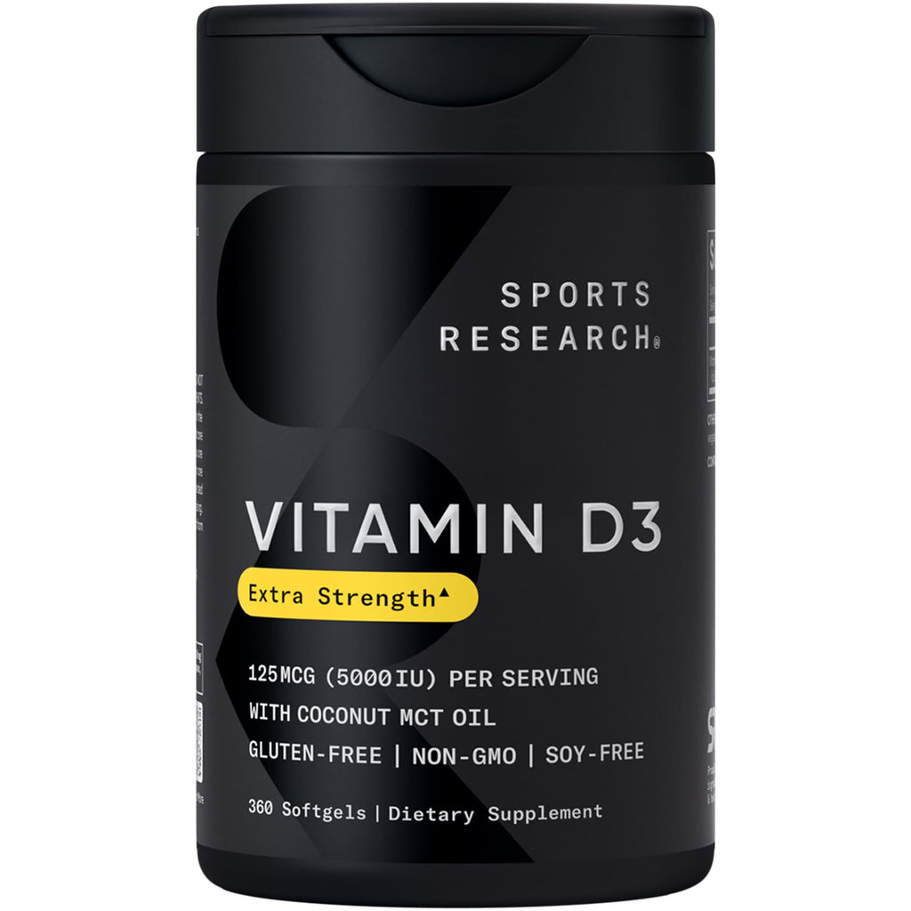 Sports Research Vitamin D3 5000 IU with Coconut MCT Oil - High Potency Vitamin D Supplement for Immune & Bone Support - Non-GMO Verified, Gluten & Soy Free – 125mcg, 360 Liquid Softgels - Maple Wellness Supplements