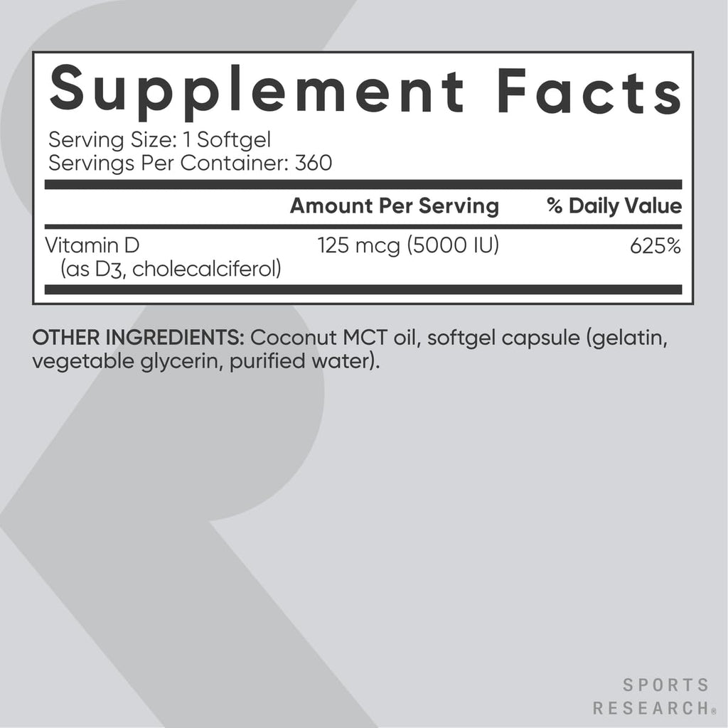 Sports Research Vitamin D3 5000 IU with Coconut MCT Oil - High Potency Vitamin D Supplement for Immune & Bone Support - Non-GMO Verified, Gluten & Soy Free – 125mcg, 360 Liquid Softgels - Maple Wellness Supplements