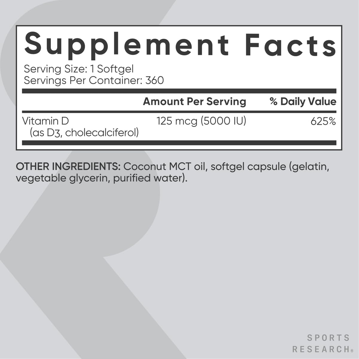 Sports Research Vitamin D3 5000 IU with Coconut MCT Oil - High Potency Vitamin D Supplement for Immune & Bone Support - Non-GMO Verified, Gluten & Soy Free – 125mcg, 360 Liquid Softgels - Maple Wellness Supplements