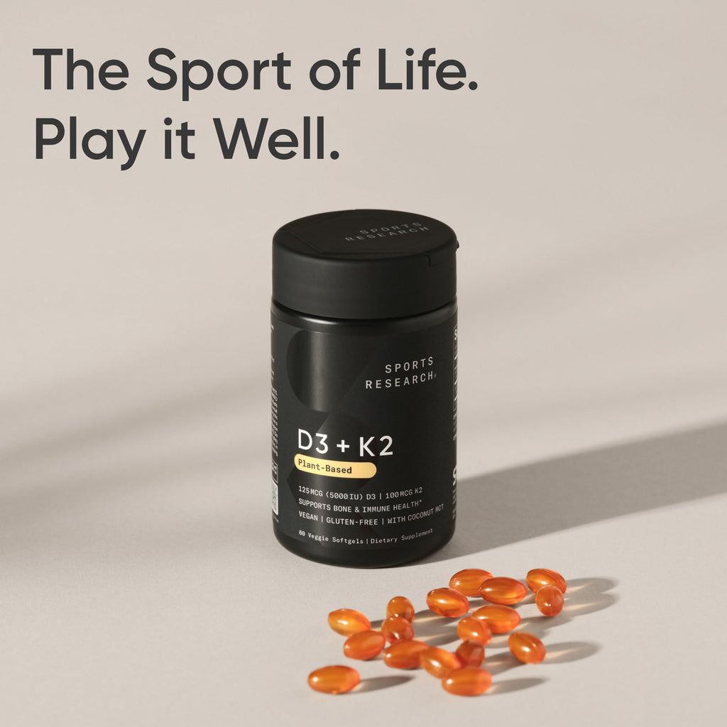 Sports Research® Vitamin D3 + K2 w/ Coconut Oil - Vegan Vitamin D 5000iu & Mk7 Vitamin K 100mcg for Bone & Immune Support - Vegan Certified · Non-GMO · Soy Free - 60 Softgels - Maple Wellness Supplements