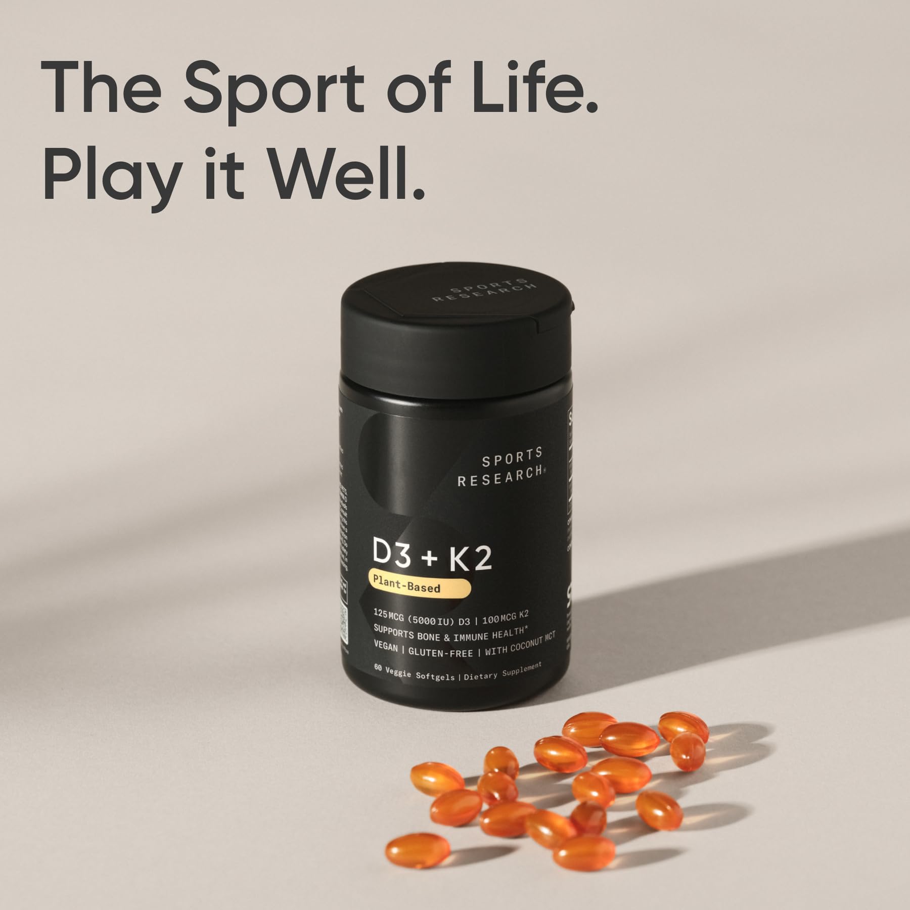 Sports Research® Vitamin D3 + K2 w/ Coconut Oil - Vegan Vitamin D 5000iu & Mk7 Vitamin K 100mcg for Bone & Immune Support - Vegan Certified · Non-GMO · Soy Free - 60 Softgels - Maple Wellness Supplements