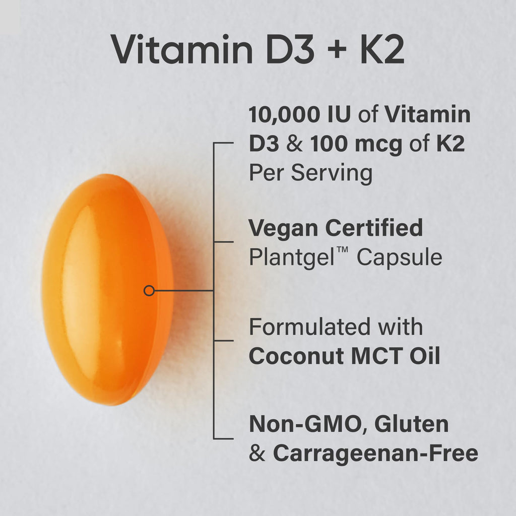 Sports Research® Vitamin D3 + K2 with 10,000iu of Plant-Based D3 & 100mcg of Vitamin K2 as MK-7 | Non-GMO Verified & Vegan Certified 60ct - Maple Wellness Supplements