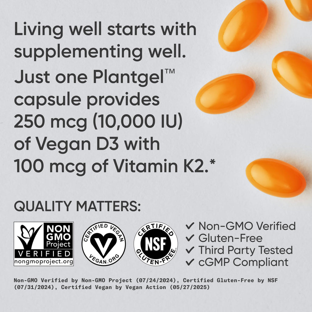 Sports Research® Vitamin D3 + K2 with 10,000iu of Plant-Based D3 & 100mcg of Vitamin K2 as MK-7 | Non-GMO Verified & Vegan Certified 60ct - Maple Wellness Supplements