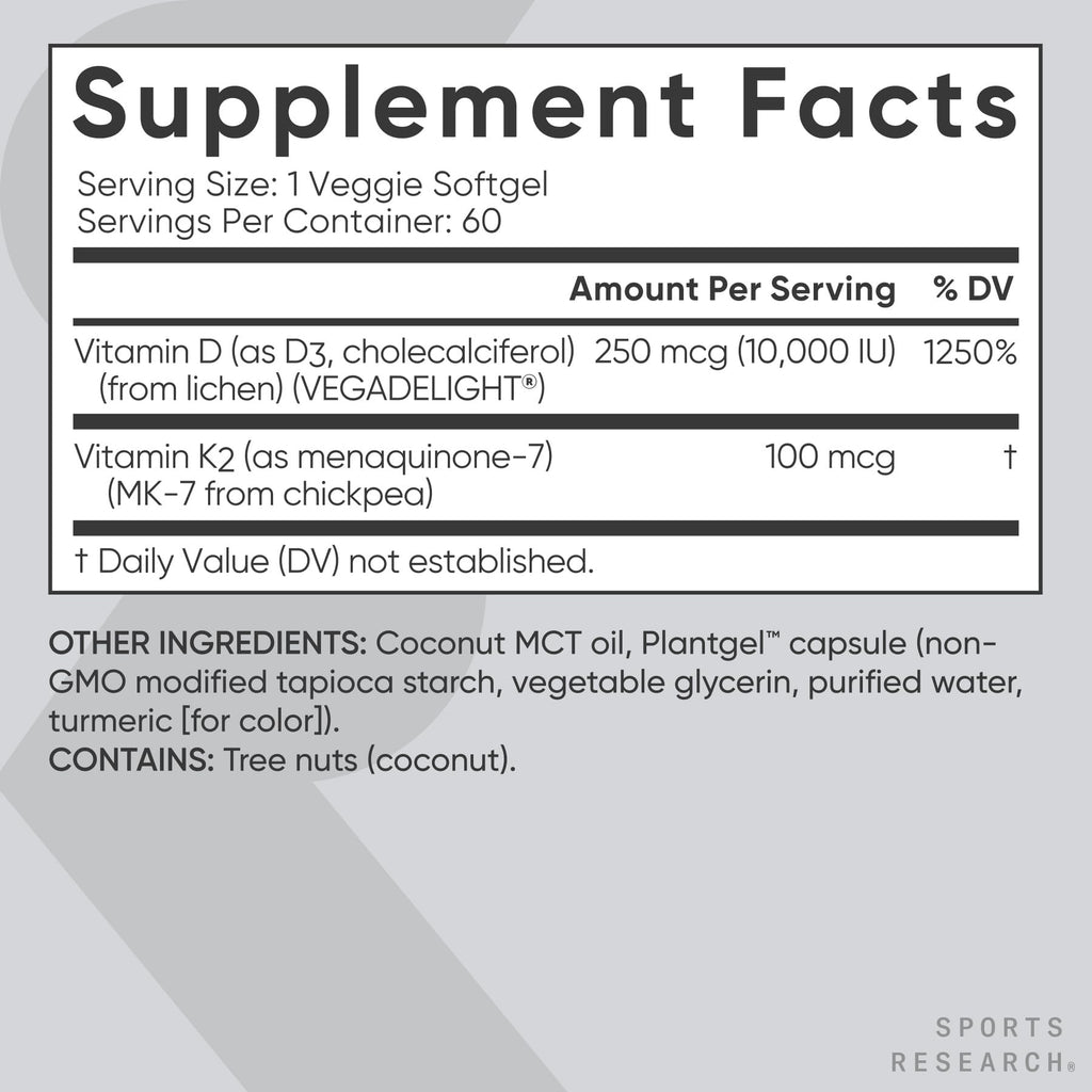 Sports Research® Vitamin D3 + K2 with 10,000iu of Plant-Based D3 & 100mcg of Vitamin K2 as MK-7 | Non-GMO Verified & Vegan Certified 60ct - Maple Wellness Supplements