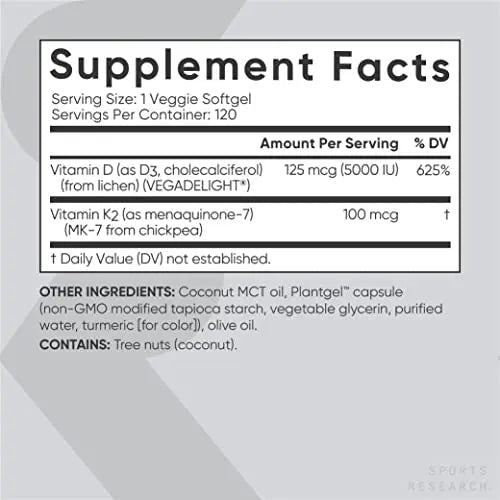 Sports Research Vitamin D3 + K2 with 5000iu of Plant-Based D3 & 100mcg of Vitamin - TrustMedUSA