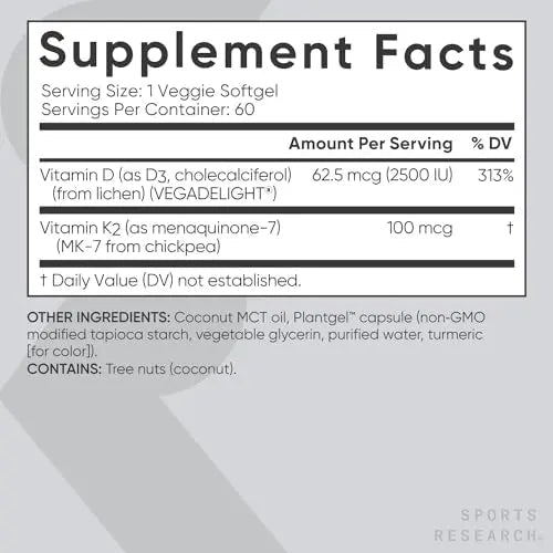 Sports Research Vitamin D3 K2 with Coconut MCT Oil | Vegan D3 2500iu (62.5mcg) - TrustMedUSA