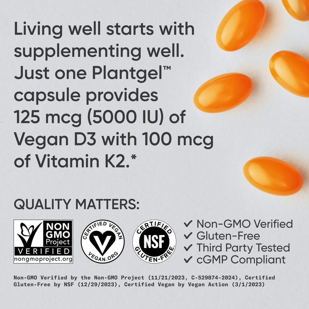 Sports Research Vitamin D3 with K2 Softgels - Plant Based K2 & Vegan D3 5000iu with Coconut MCT Oil - Vegan Certified, Soy & Gluten Free - 120 Count - Maple Wellness Supplements