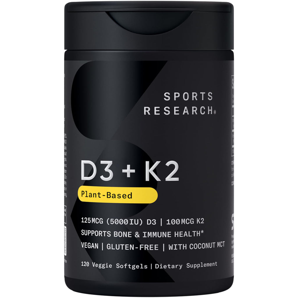 Sports Research Vitamin D3 with K2 Softgels - Plant Based K2 & Vegan D3 5000iu with Coconut MCT Oil - Vegan Certified, Soy & Gluten Free - 120 Count - Maple Wellness Supplements