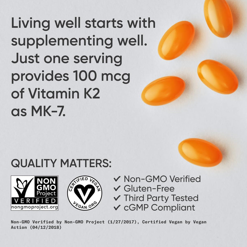 Sports Research Vitamin K2 as MK-7 100mcg with Coconut MCT Oil - 120 Veggie Softgels (4 Month Supply) Vegan Certified, Non-GMO Verified, Gluten & Soy Free - Maple Wellness Supplements