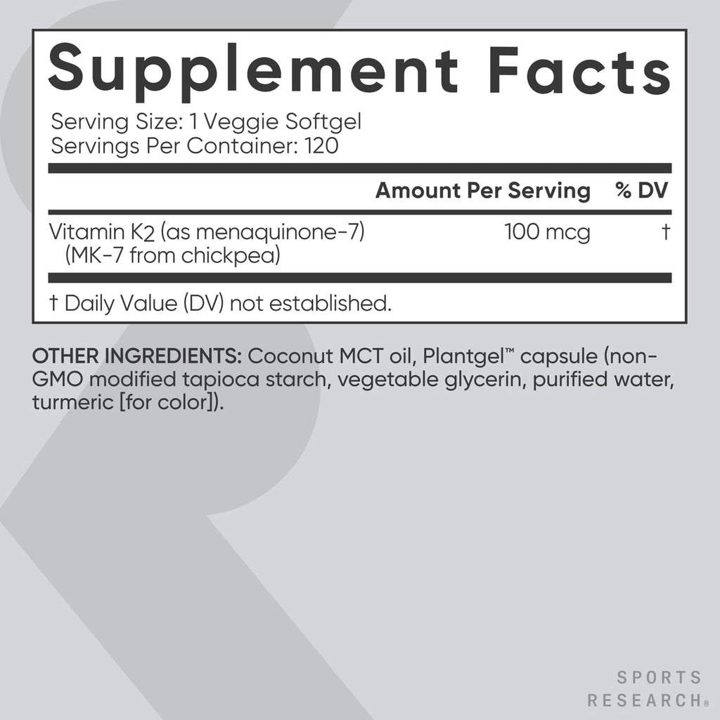 Sports Research Vitamin K2 as MK-7 100mcg with Coconut MCT Oil - 120 Veggie Softgels (4 Month Supply) Vegan Certified, Non-GMO Verified, Gluten & Soy Free - Maple Wellness Supplements