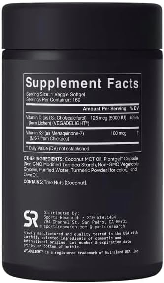 Sports Vitamin D3 K2 with 5000iu of Plant-Based D3 & 100mcg of Vitamin K2 as MK-7, Non-GMO Verified & Vegan Certified - 160 Liquid Softgels - Pack1 - Maple Wellness Supplements